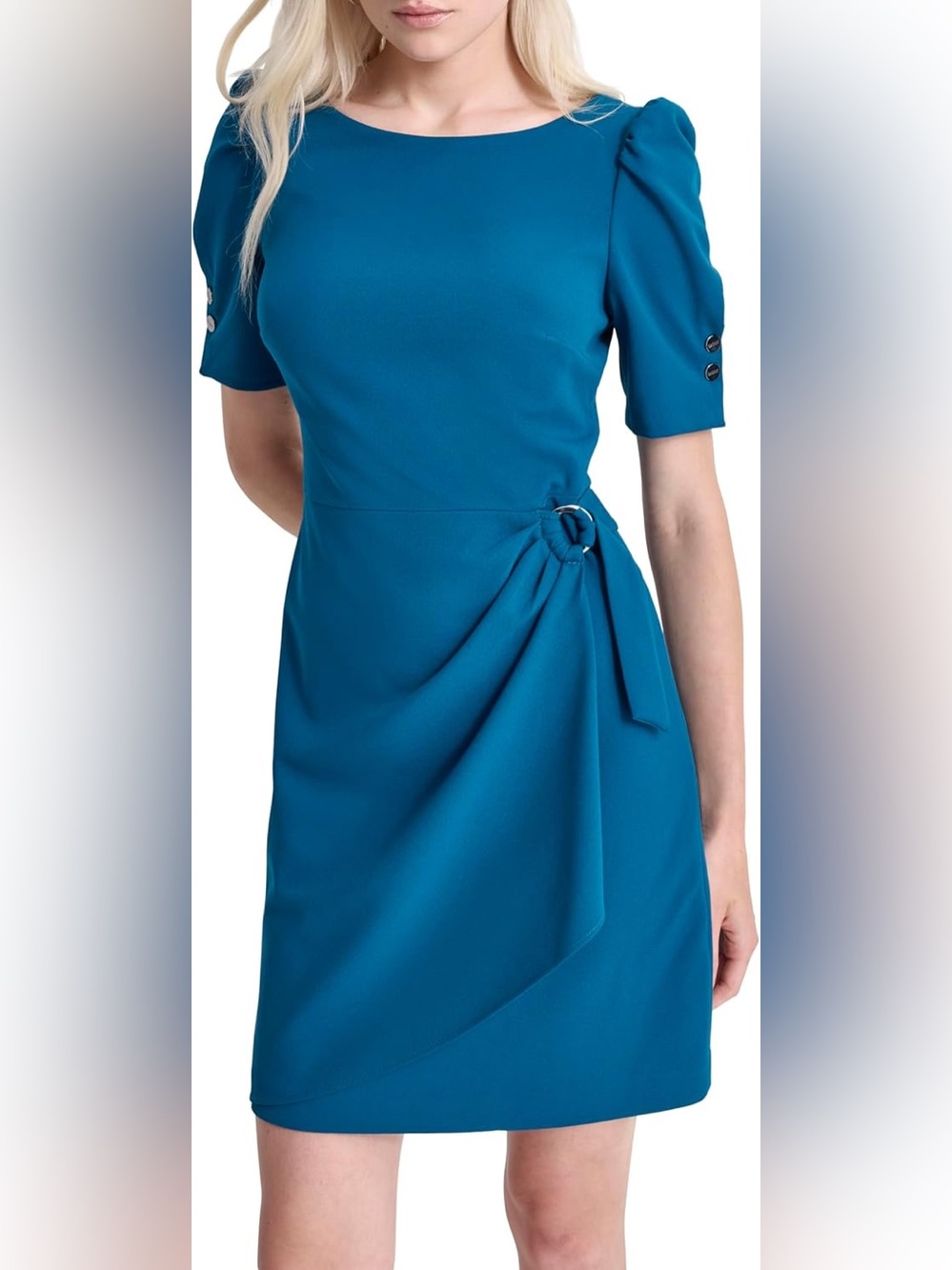 Dkny Teal Short-Sleeve Midi Dress with Side Tie